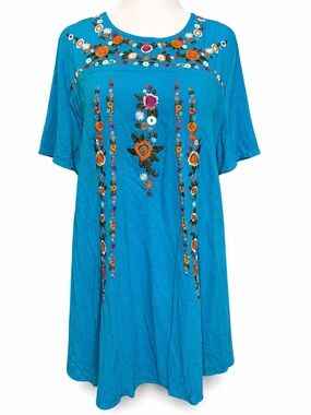 Umgee Embroidered Boho Dress NWT Teal Floral Tunic Shift Dress L